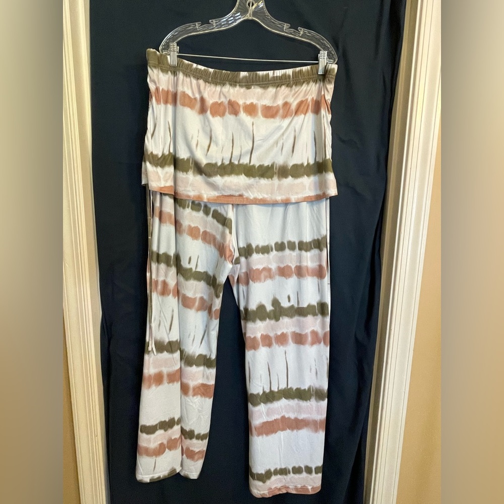 Tan and Green Boot Cut Flare Pants with Elastic Waistband
